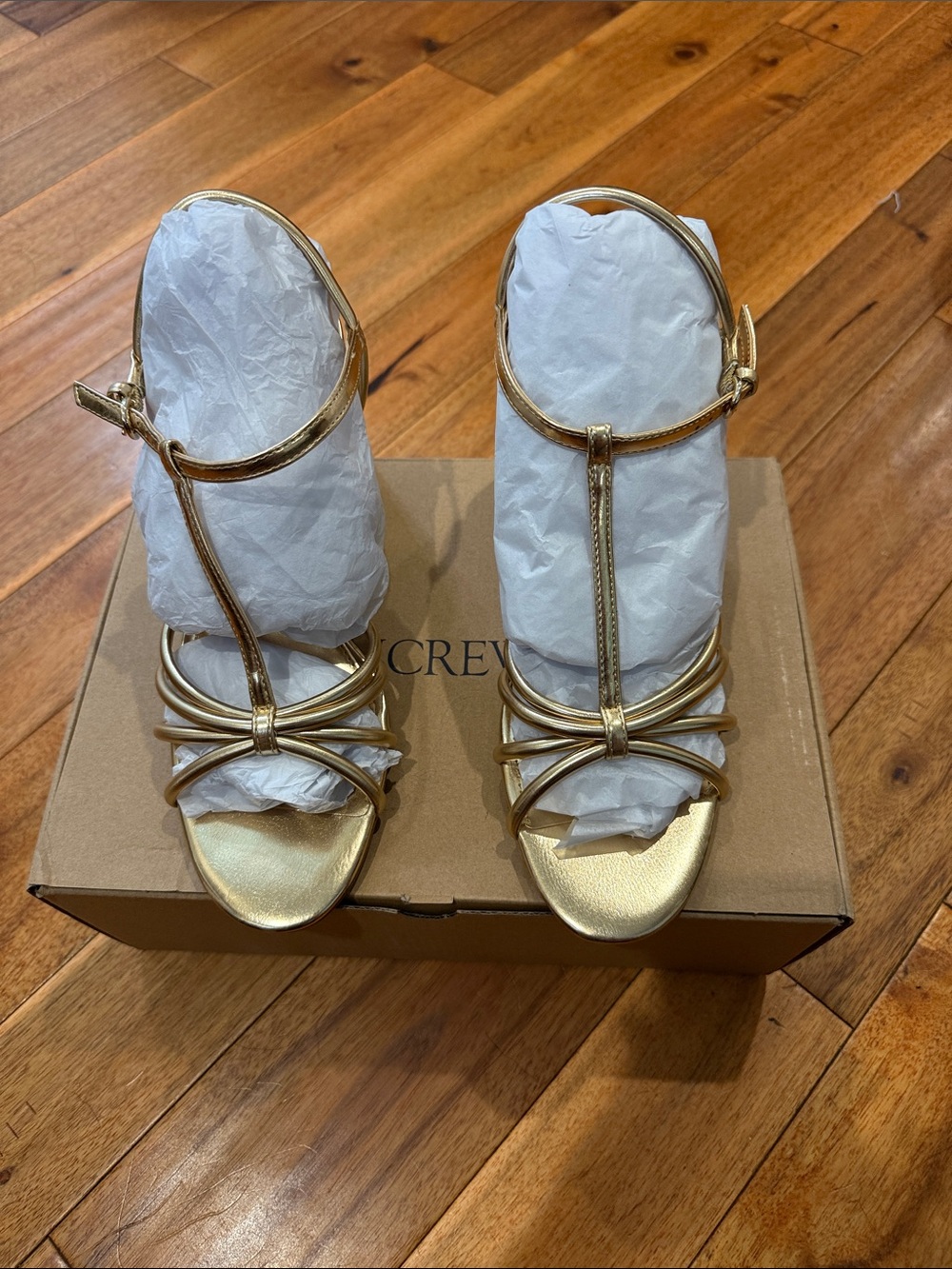 New in box J. Crew Factory gold t-strap heels.  Size 10.